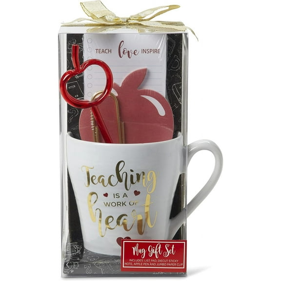 VOTUM Teacher Appreciation Gifts Bundle with Mug, Writing Pad, Apple-Shaped Pen and Sticky Notes, Jumbo Gold Paper Clip - Heart Teacher Coffee Cup - Thank You Gift for Women