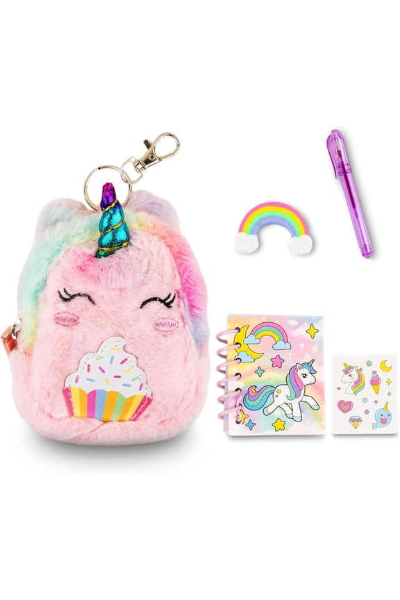 Unicorn Keychain Charm for Backpacks, Purses, Handbags, Car Keys with Stationery Set - Includes Mini Notebook, Gel Pen, Eraser, Stickers - Portable & Fun Gift for Tweens Ages 8+
