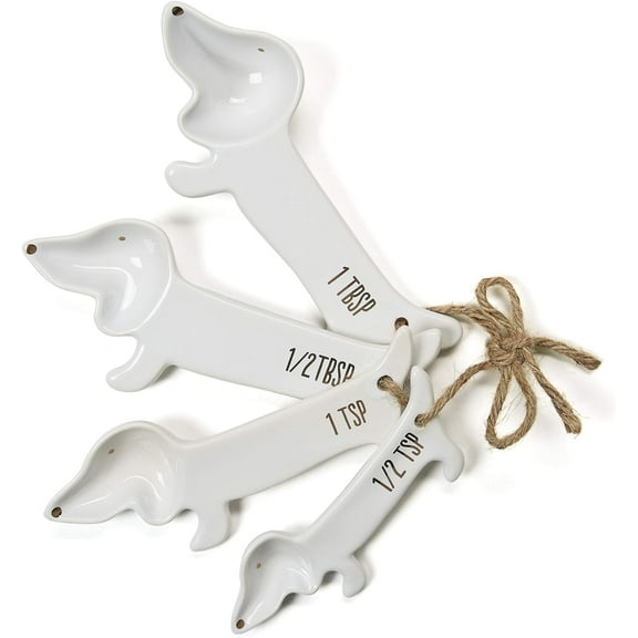 Votum White Ceramic Measuring Spoons Set – Cute Dachshund Dog Themed Kitchen Accessories Baking Supplies, Dog Lover Gift