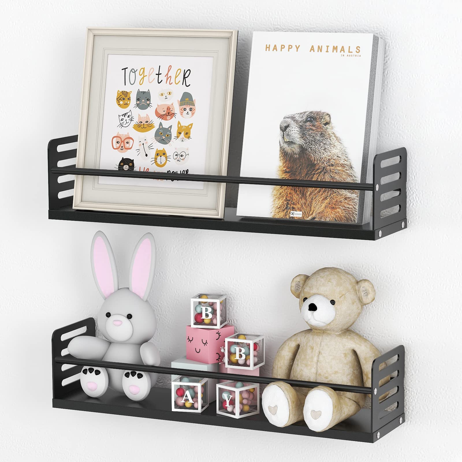 VOTZAAQ Set of 2 Metal Floating Nursery Book Shelves, Wall Book Shelves