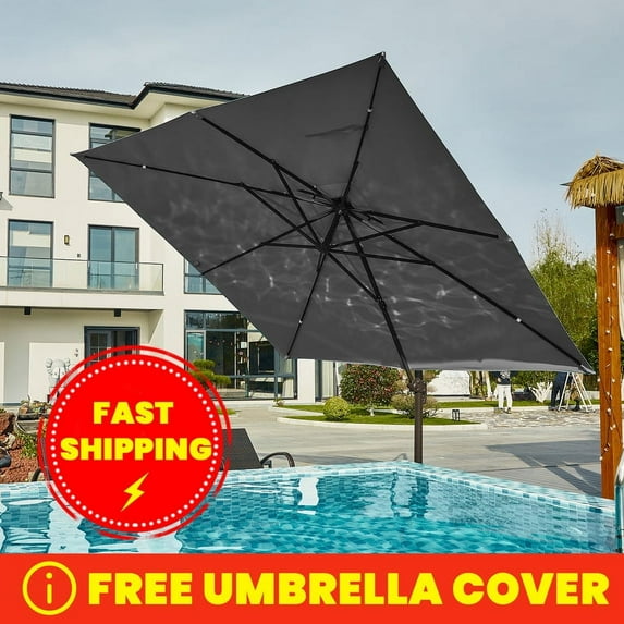 VOUA 10ft Outdoor Patio Square Double Top Medium Roman Umbrella-Grey