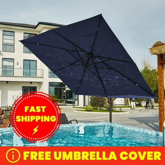 VOUA 11ft Outdoor Patio Square Double Top Medium Roman Umbrella-Navy Blue