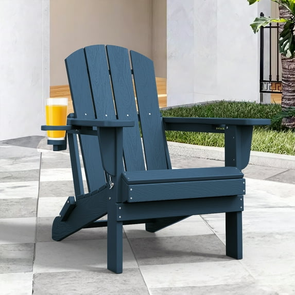JUSTLET Folding Adirondack Chair, All-Weather Fire Pit Chairs, HDPE Adirondack Chairs with 2 Cup Holder, Outdoor Lawn Chair for Patio Garden, Navy Blue