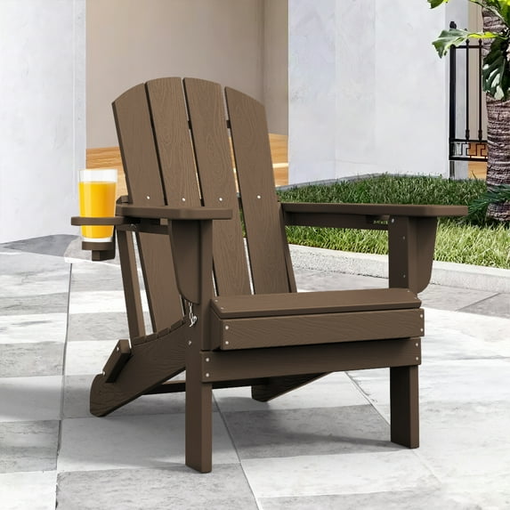 JUSTLET Folding Adirondack Chair, All-Weather Fire Pit Chairs, HDPE Adirondack Chairs with 2 Cup Holder, Outdoor Lawn Chair for Patio Garden, Brown