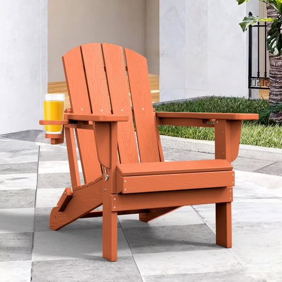 JUSTLET Folding Adirondack Chair, All-Weather Fire Pit Chairs, HDPE Adirondack Chairs with 2 Cup Holder, Outdoor Lawn Chair for Patio Garden, Orange