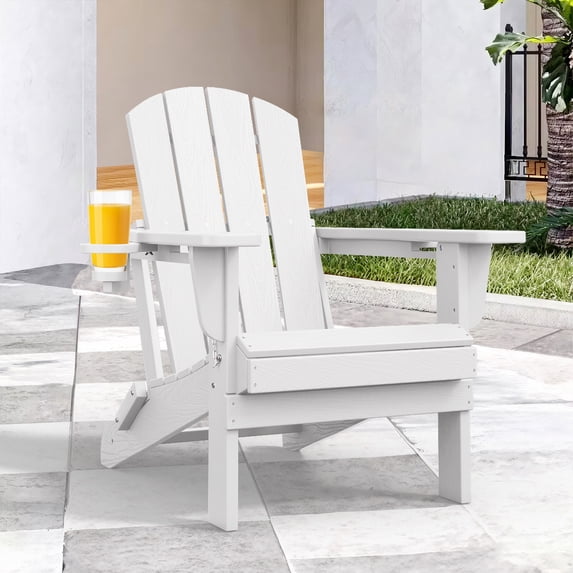 JUSTLET Folding Adirondack Chair, All-Weather Fire Pit Chairs, HDPE Adirondack Chairs with 3 Cup Holder, Outdoor Lawn Chair for Patio Garden, White