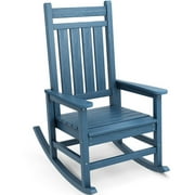 VOUA Outdoor Rocking Chair HDPE Plastic All Weather Slatted for Lawn Garden Deck Outside, BLUE