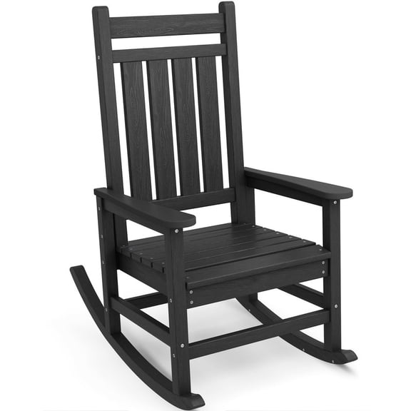 VOUA Outdoor Rocking Chair HDPE Plastic All Weather Slatted for Lawn Garden Deck Outside, Black