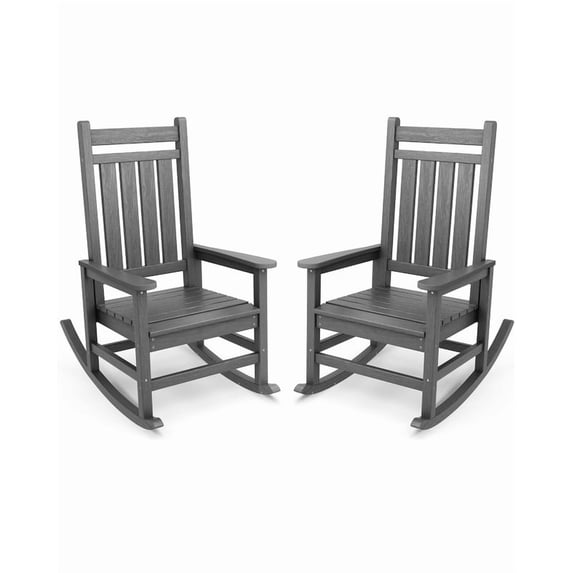 VOUA Outdoor Rocking Chair Set of 2 HDPE Plastic All Weather Slatted for Lawn Garden Deck Outside, Gray
