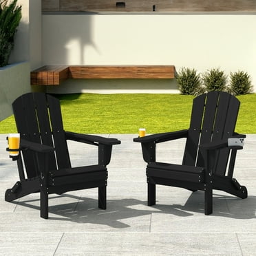 JUSTLET Folding Adirondack Chair set of 2, All-Weather Fire Pit Chairs, HDPE Adirondack Chairs with 2 Cup Holder, Outdoor Lawn Chair for Patio Garden, Black
