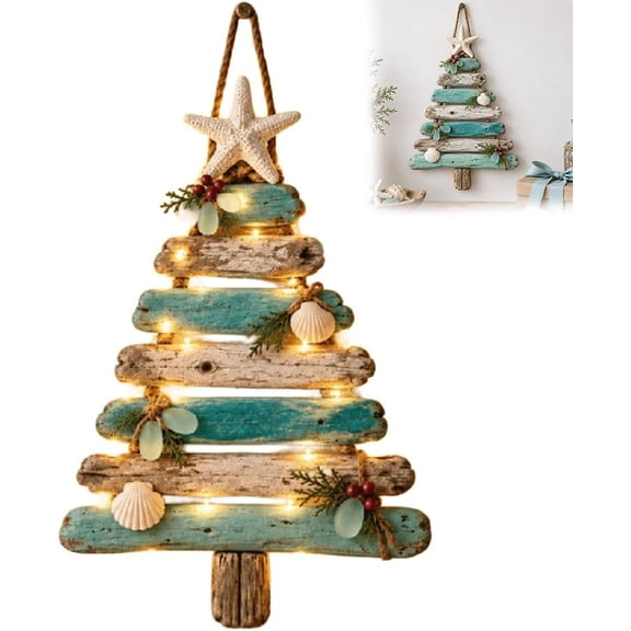 VOUKER Coastal Christmas Driftwood Tree, Driftwood LED Wall Art, Coastal Wall Decor Hanging for Porch, Entryway & Beach House