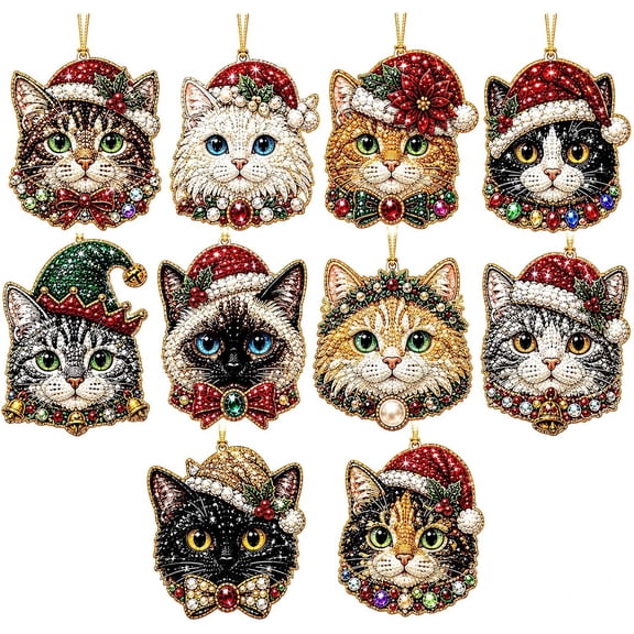 VOUKER Diamond Art Cat Head Ornaments, Set of 10 Rhinestone Cat Face Christmas Decorations