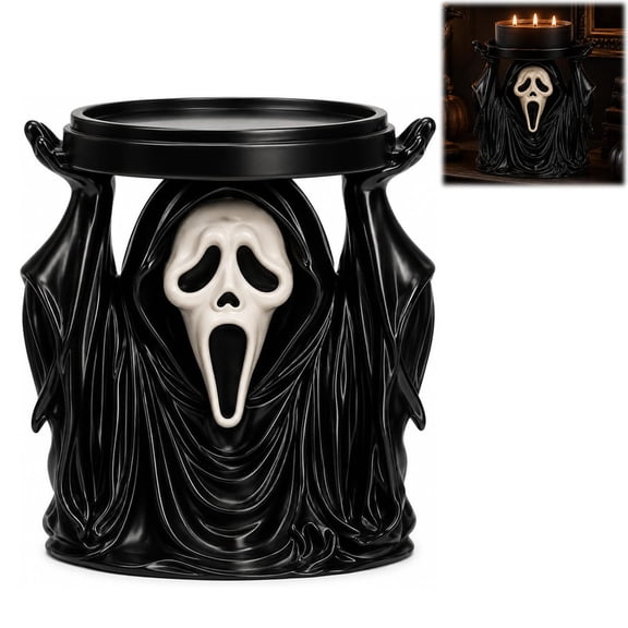 VOUKER Masked Phantom 3-Wick Candle Holder, Spooky Ghost Sculptural Decor for Halloween, Gothic Candle Stand for Mantel and Shelf