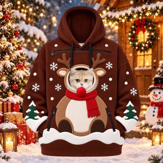 VOUZZA Adult Christmas Pet Pouch Hoodie, Reindeer Long Sleeve Sweatshirt Pullover with Round Front Puppy Pocket for Small Dogs and Cats