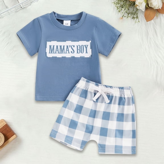 VOUZZA Baby Boy Mama's Boy Outfit Set Embroidery Letter Shirt and Plaid Shorts 2-Piece Summer Clothing Sets