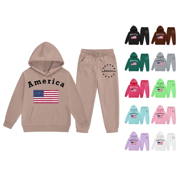 VOUZZA Baby Boy Outfits Long Sleeve American Flag Print Warm Hooded Sweatshirt Pants Girls Sweatsuit Active Tracksuit Bundle