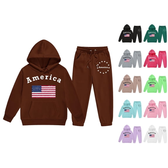 VOUZZA Baby Boy Outfits Long Sleeve American Flag Print Warm Hooded Sweatshirt Pants Girls Sweatsuit Active Tracksuit Bundle