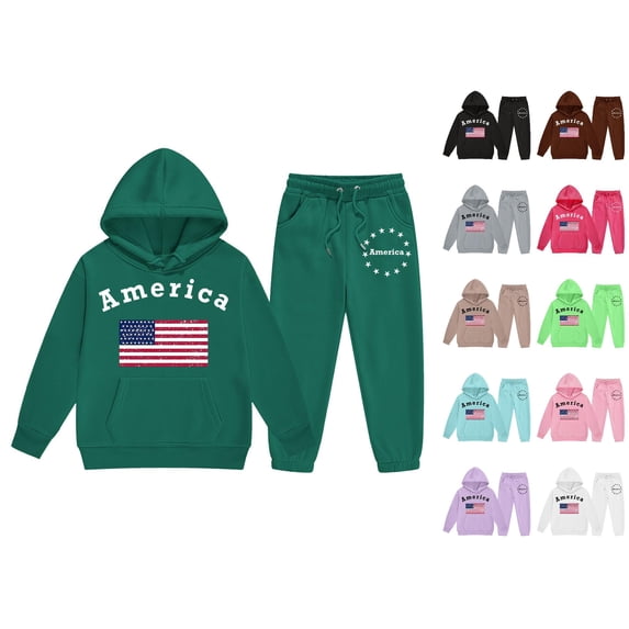 VOUZZA Baby Boy Outfits Long Sleeve American Flag Print Warm Hooded Sweatshirt Pants Girls Sweatsuit Active Tracksuit Bundle