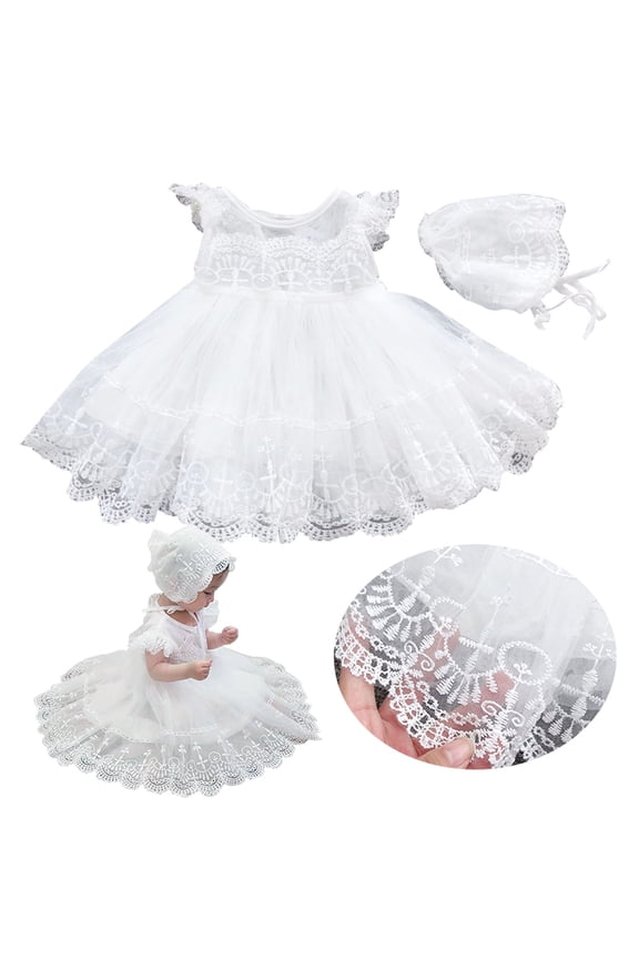 Baby Girl Baptism Lace Crochet Tulle Gown Ruffled Bubble Skirt Christening First Birthday Formal Dress