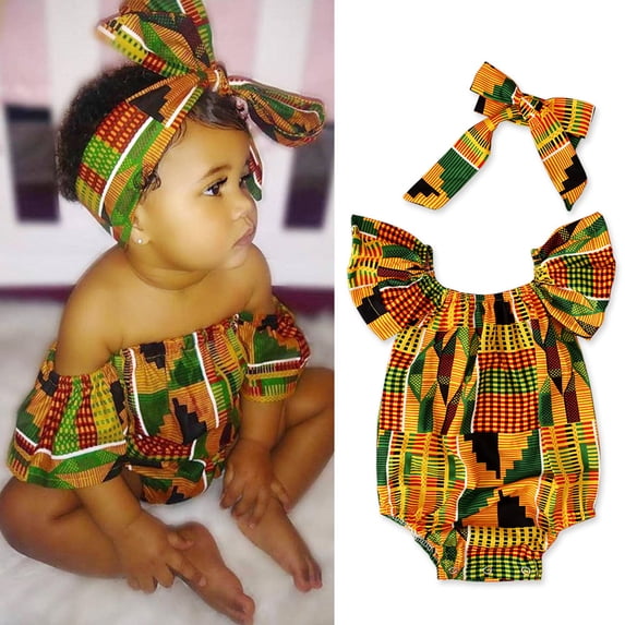 VOUZZA Baby Girls Romper Set Off-Shoulder Sleeveless African Tribal Graphic Printed Bodysuit Matching Headband 2-Piece Outfits 0-2Y