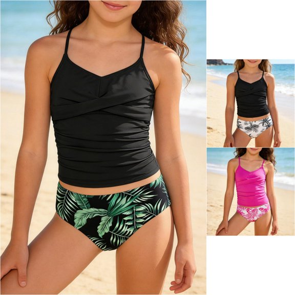 VOUZZA Big Girls 2 Piece Swimsuit Conservative Ruched Tankini Cami Top with Adjustable Drawstring Swim Skirt Set