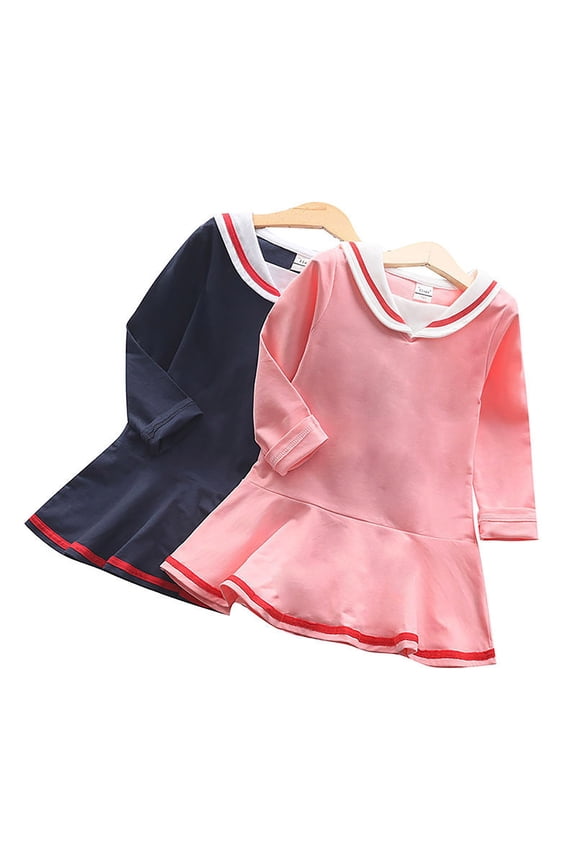 Big Girls Nautical Sailor Dress Long Sleeve Pleated Skirt Preppy Style Spring Autumn Princess Daily Wear
