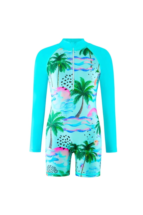Big Girls Sun Protection Swimsuit Long Sleeve Square Leg Rash Guard Quick Dry Athletic One Piece Beach Bathing Suit