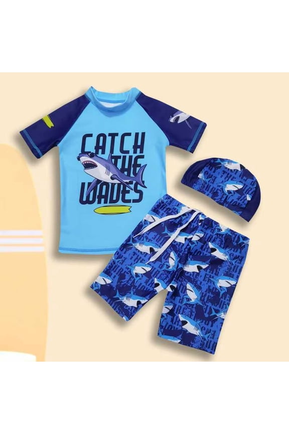 Boys 2-Piece Rash Guard Set, High Elastic Round Neck Swim Shirt and Trunks, Pool Bathing Suit for Summer Outdoor