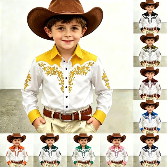 VOUZZA Boys 3D Western Cowboy Shirt Classic Rodeo Frontier Theme Printed Long Sleeve Button Down Collared Casual Blouse for Kids Ages 4-13