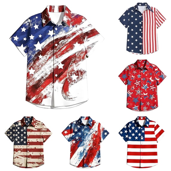 VOUZZA Boys 4th of July Button Down Short Sleeve Shirt Kids Patriotic American Flag Independence Day Graphic Print Hawaiian Beach Camp Top Size 5-17