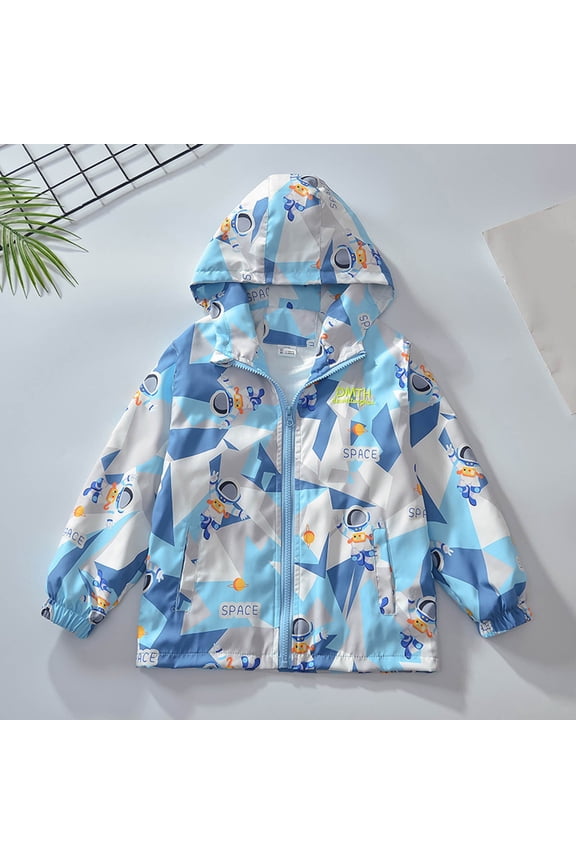 Boys Astronaut Planet Printed Windbreaker Jacket, Cartoon Hooded Outdoor Waterproof Raincoat, Fall Casual Loose Fit Active Coat Jacket for Kids 3-13Y