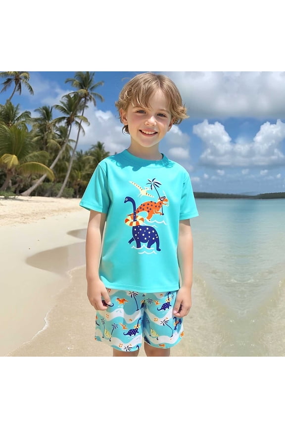 Boys Cartoon Dinosaur 2 Piece Swimsuit Set Summer Quick Dry Rash Guard Swim Shorts Beach Pool Bathing Suits Apparel