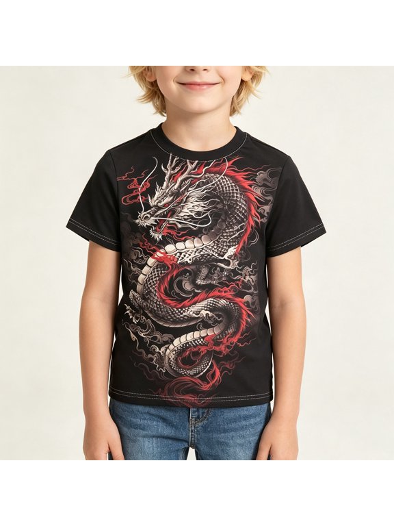 Boys Chinese Dragon T Shirt Coiled Graphic Crew Neck Short Sleeve Tee Cloud Pattern Regular Fit Casual Summer Top