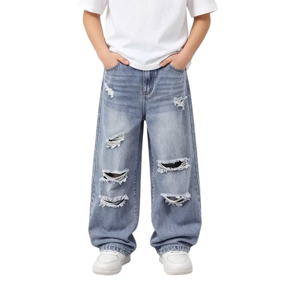 VOUZZA Boys Distressed Denim Jeans American Style Ripped Straight Leg Wash Denim Trousers Casual Everyday Pants Youth