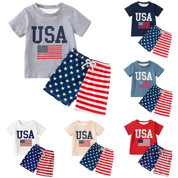 VOUZZA Boys Independence Day Outfit 4th of July Short Sleeve Shirt and Shorts 2-Piece Set Patriot Holiday Clothes Kids