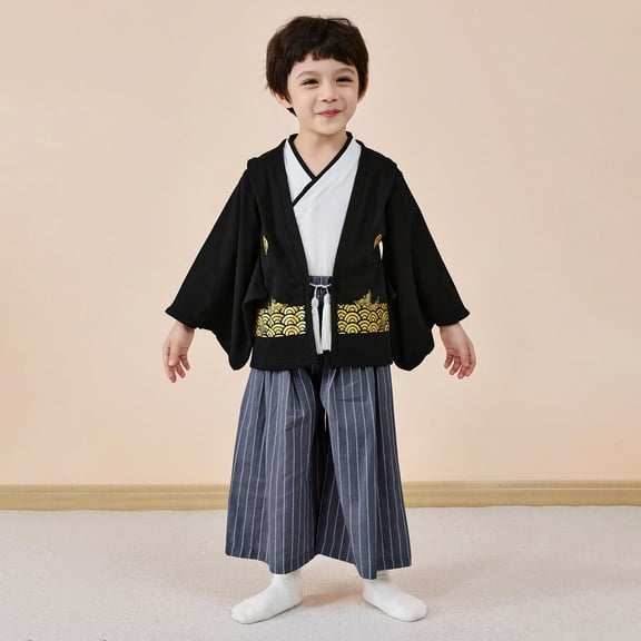 VOUZZA Boys Japanese Kimono Romper Suit Cotton Samurai Outfits for Kids Traditional Style Graduation Wedding Party Photography Clothing 3-Piece Set