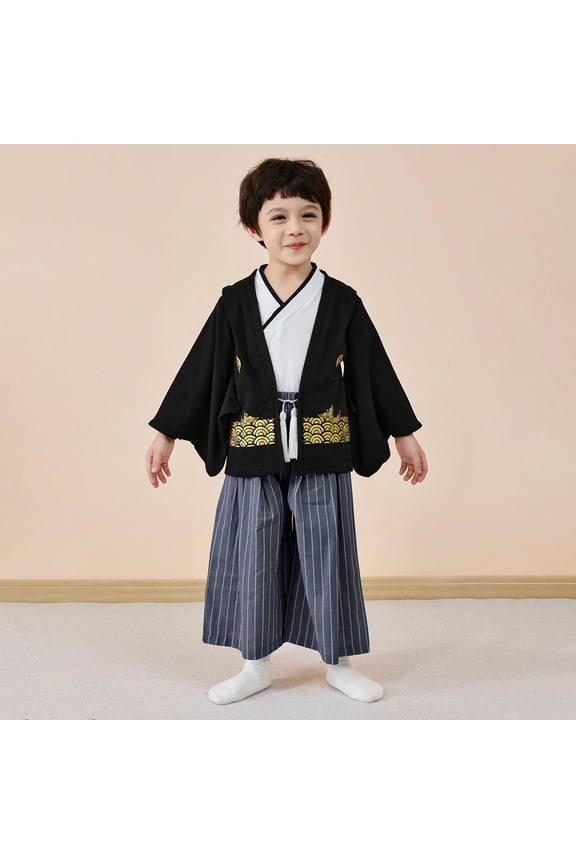 Boys Japanese Kimono Romper Suit Cotton Samurai Outfits for Kids Traditional Style Graduation Wedding Party Photography Clothing 3-Piece Set