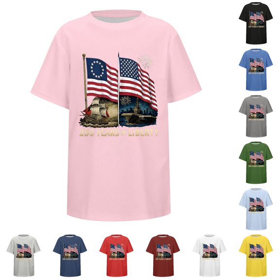 VOUZZA Boys July 4th Patriotic T-Shirt Kids USA 250th Anniversary Short Sleeve Crew Neck Tees America Independence Day Flag Graphic Tops Size 2-13
