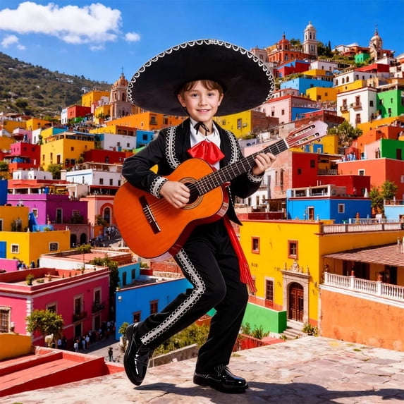 VOUZZA Boys Mexican Mariachi Costume, Kids Cinco De Mayo Folk Dance Outfit Traditional Ethnic Performance Suit with Hat, 5-Piece Festive Dress Up