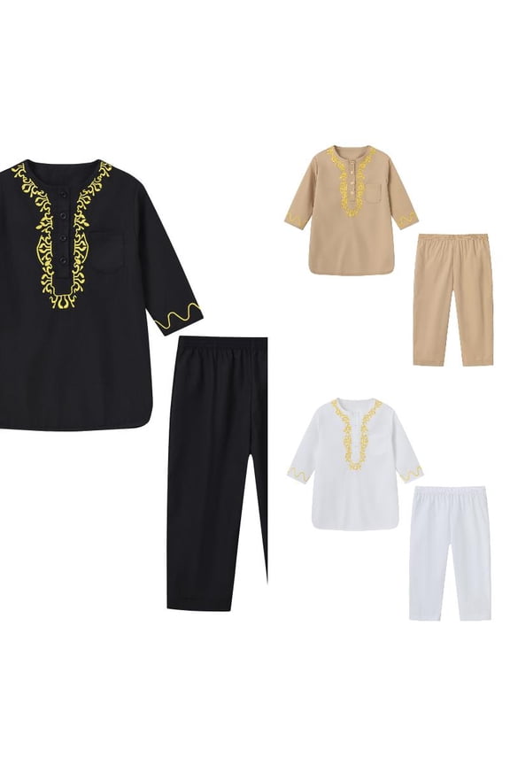 Boys Kaftan Robe Set Big Kids Middle Eastern Arabic Embroidered Thobe Gown with Pants Traditional Clothes