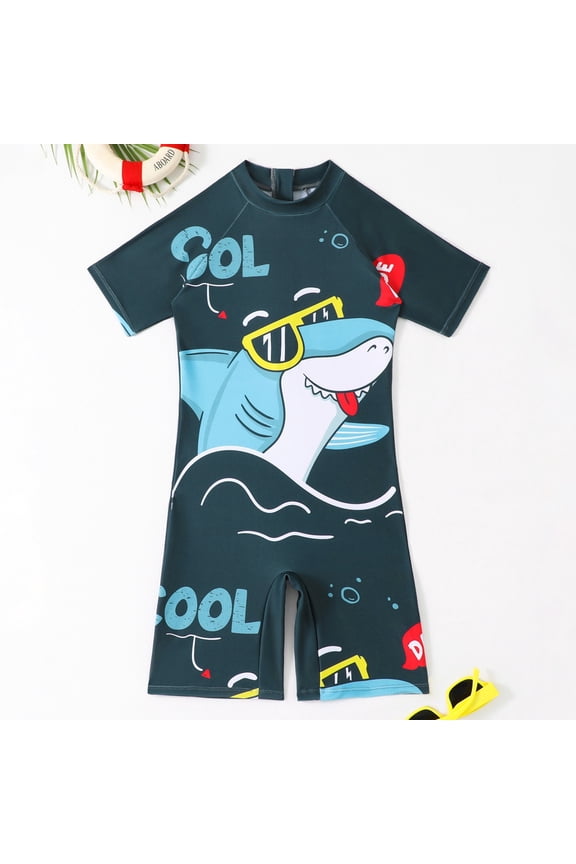Boys One-Piece Short Sleeve Swimsuit Cartoon Dinosaur Print Front Half-Zip Rash Guard Quick Dry Surfing Suit Wetsuit for Kids