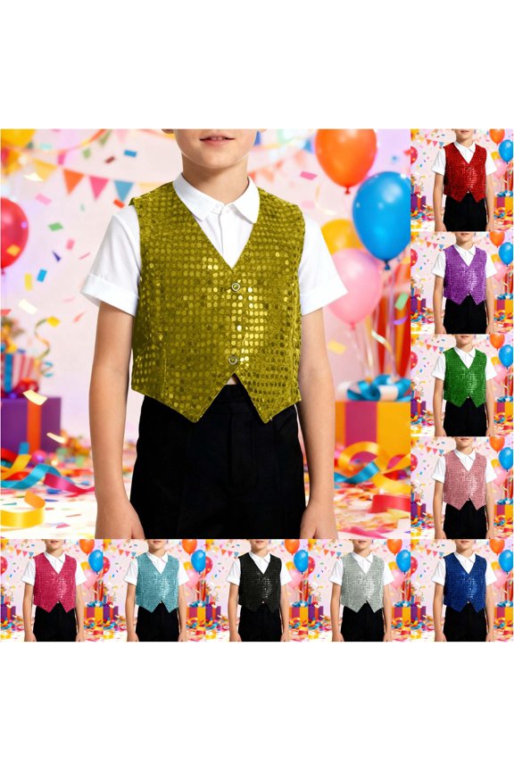 Boys Performance Vest Jazz Metallic Sequin Waistcoat Sparkle Stage Recital for Dance Party