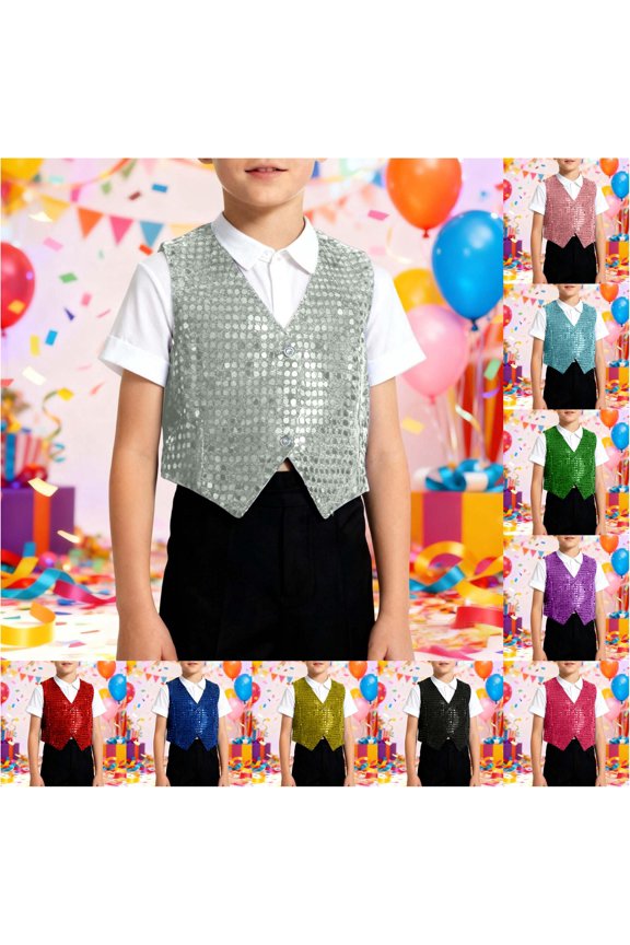 Boys Performance Vest Jazz Metallic Sequin Waistcoat Sparkle Stage Recital for Dance Party