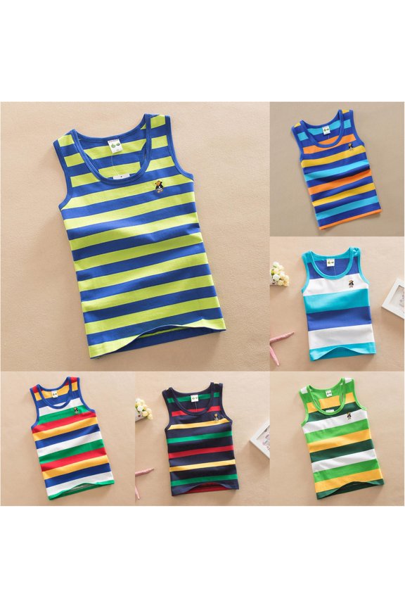 Boys Rainbow Striped Tank Top Summer Elastic Ribbed Knit Racerback Sleeveless Vest Top Casual Sports Undershirt Clothes for Kids