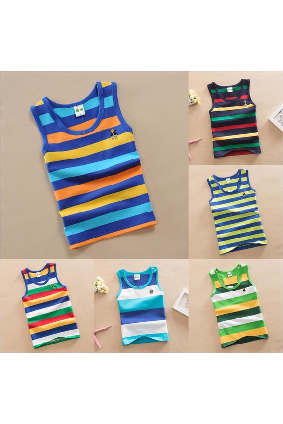 Boys Rainbow Striped Tank Top Summer Elastic Ribbed Knit Racerback Sleeveless Vest Top Casual Sports Undershirt Clothes for Kids