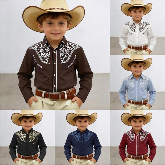 VOUZZA Boys Retro Cowboy Shirt 3D Digital Print Long Sleeve Button Down Collared Western Blouse Vintage Casual Streetwear Top for Kids