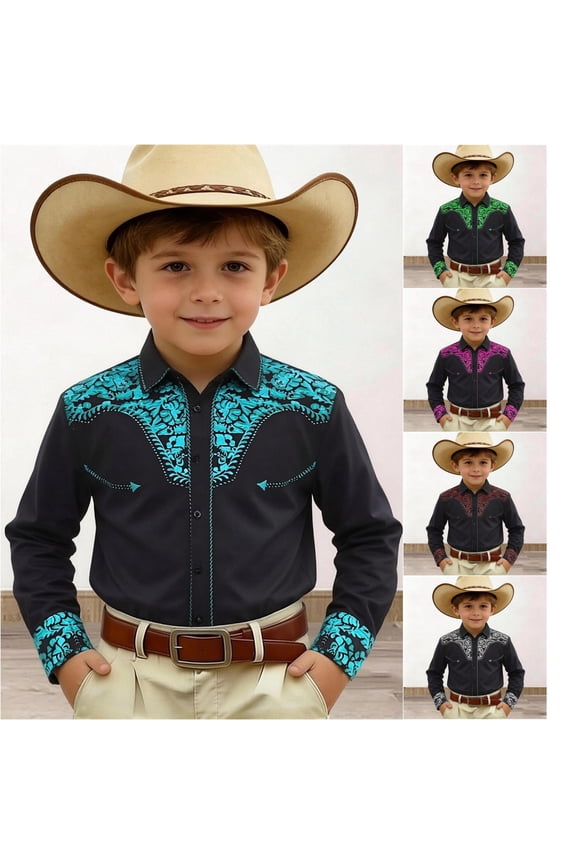 Boys Rodeo Cowboy Shirt 3D Frontier Theme Graphic Printed Long Sleeve Button Down Casual Collared Blouse Everyday Clothes for Kids