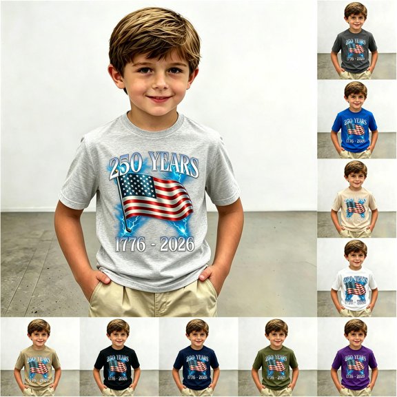 VOUZZA Boys Semiquincentennial Birthday T-Shirt USA 250 Years Flag Graphic Printed Casual Short Sleeve Crewneck Tee Top for Kids Ages 2-13