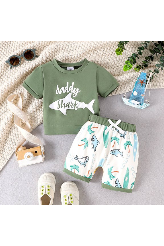 Boys Shark Hawaiian Outfit Set Shark Print Shirt and Coconut Tree Shorts 2-Piece Beach Clothing Sets