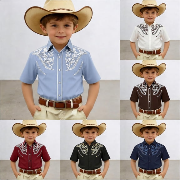 VOUZZA Boys Summer Western Shirt Country Cowboy Pattern 3D Printed Short Sleeve Button Down Blouse Casual Lightweight Top for Kids Youth